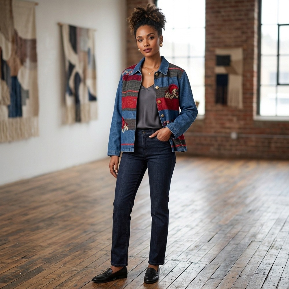 Vintage Tantrums Denim Jacket Women Large Floral Embroidered Patchwork Boho 90s - Picture 2 of 10